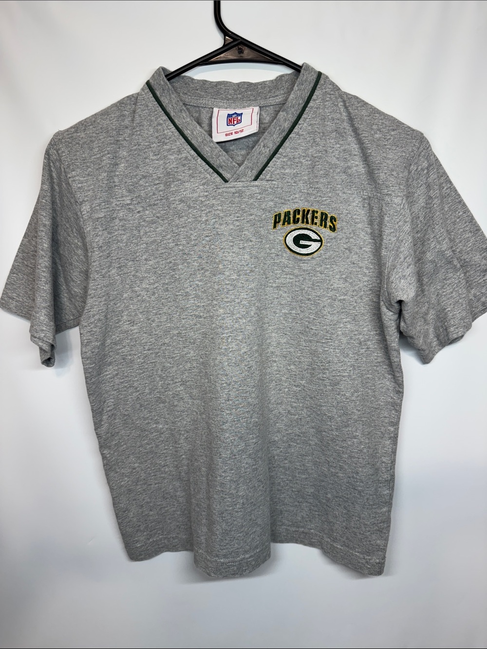 NFL Green Bay Packers Youth V-Neck Shirt Heather Gray Kids Size M 10/12